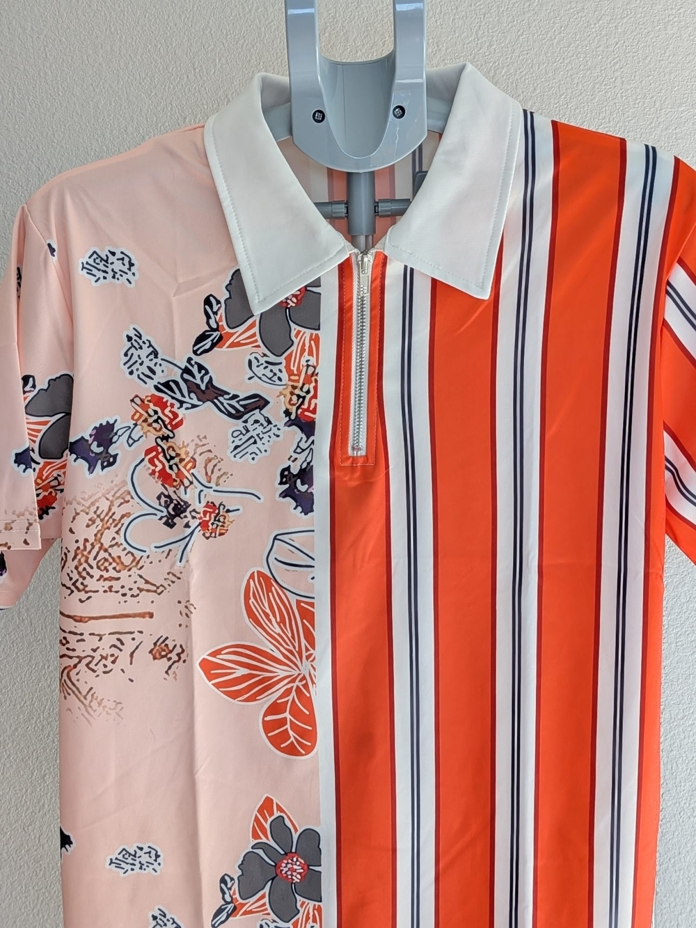 Men's Orange Geometric Half-Zip Polo Shirt